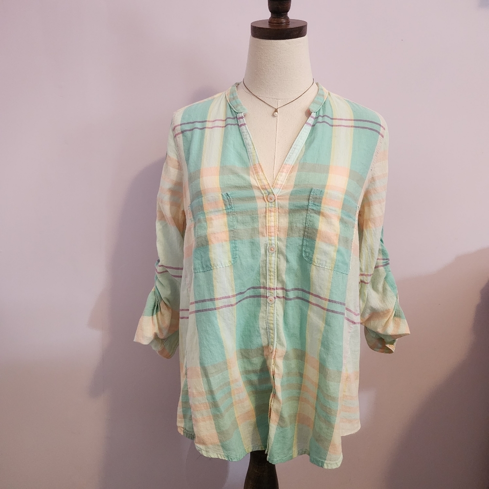 Anthropologie Holding Horses Pastel Plaid Cotton Button Up Blouse size 6
